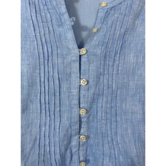 Talbots Dress 14 PETITE Blue Linen Pleated Buttons Stripe Detail Lined - Picture 5 of 10